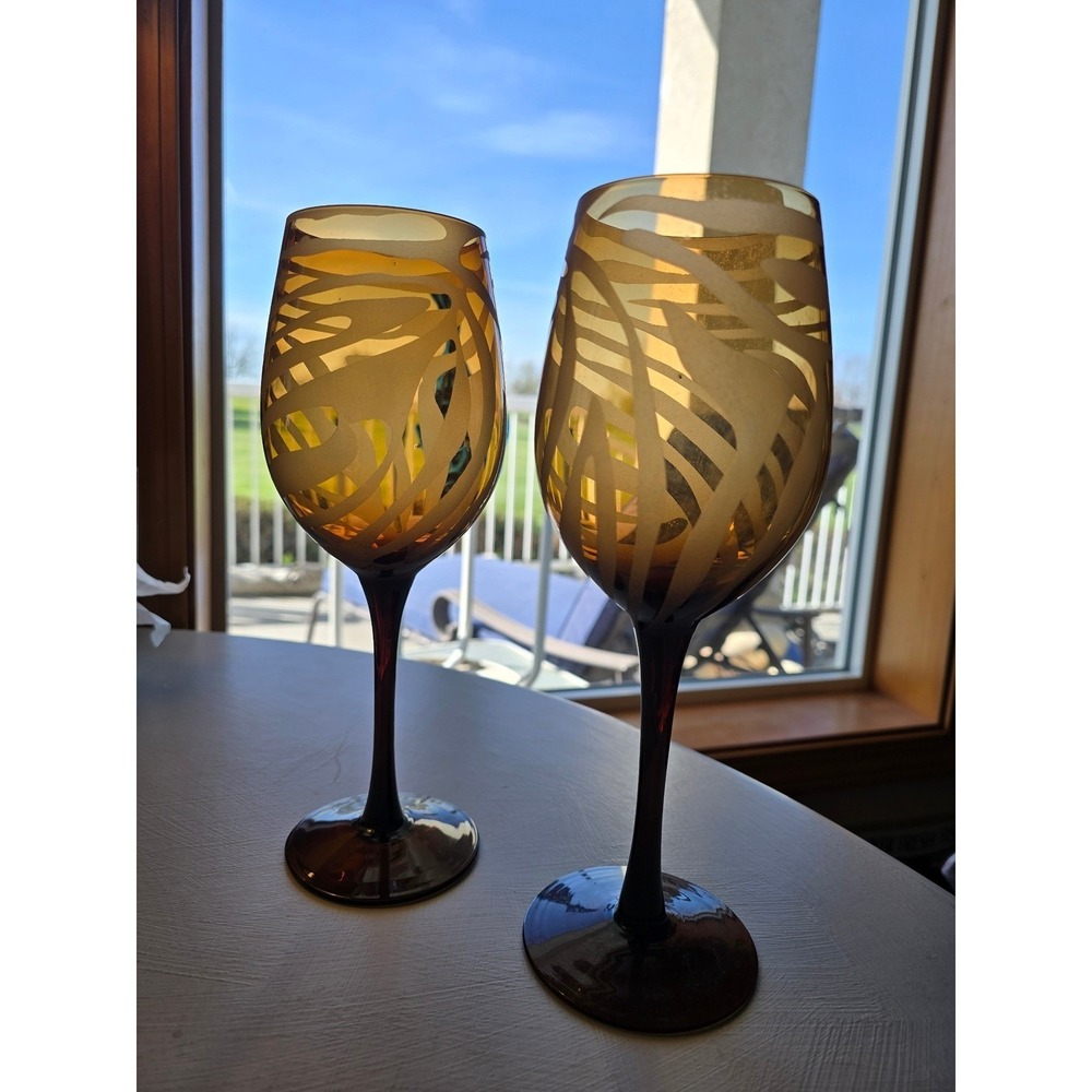 Set of 2 Amber Glass Zebra Print Wine Goblets Frosted Animal Stripe Stemware #3